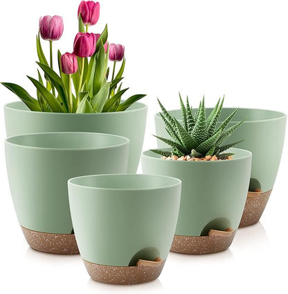 Plant Pots elf Watering Pots, Set of 5 Plastic Planters with Drainage Holes