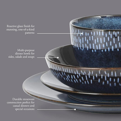 Gibson Elite Matisse 16 Piece Double Bowl Dinnerware Set, Cobalt Blue, Service for 4 (16pcs)