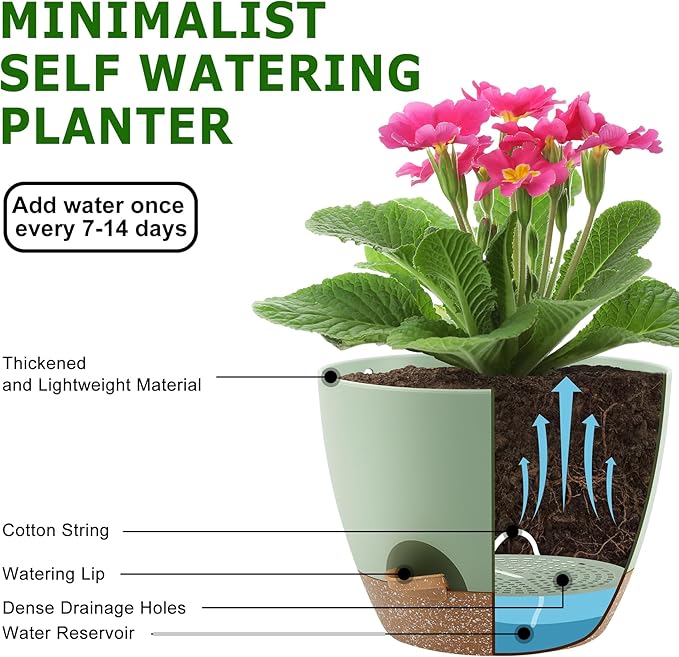Plant Pots elf Watering Pots, Set of 5 Plastic Planters with Drainage Holes